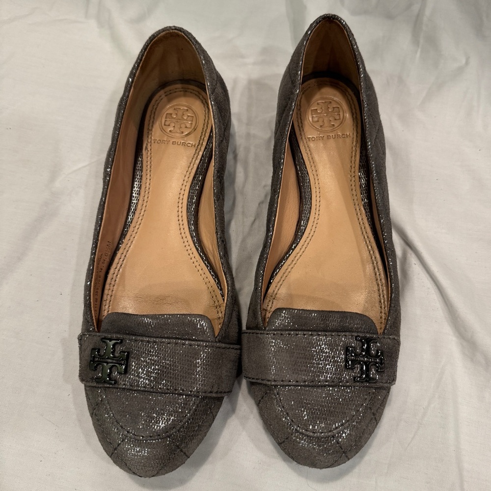 Tory Burch Leila Quilted Metallic Shimmer Loafers in the color metallic pewter